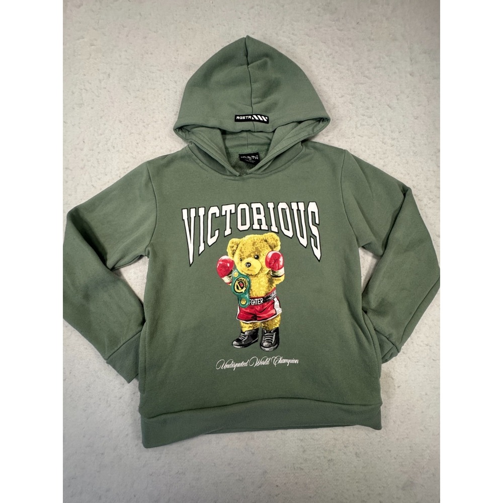 Vintage RGSTR Hoodie Youth 10 Green‎ Fleece Victorious World Boxing Bear Graphic